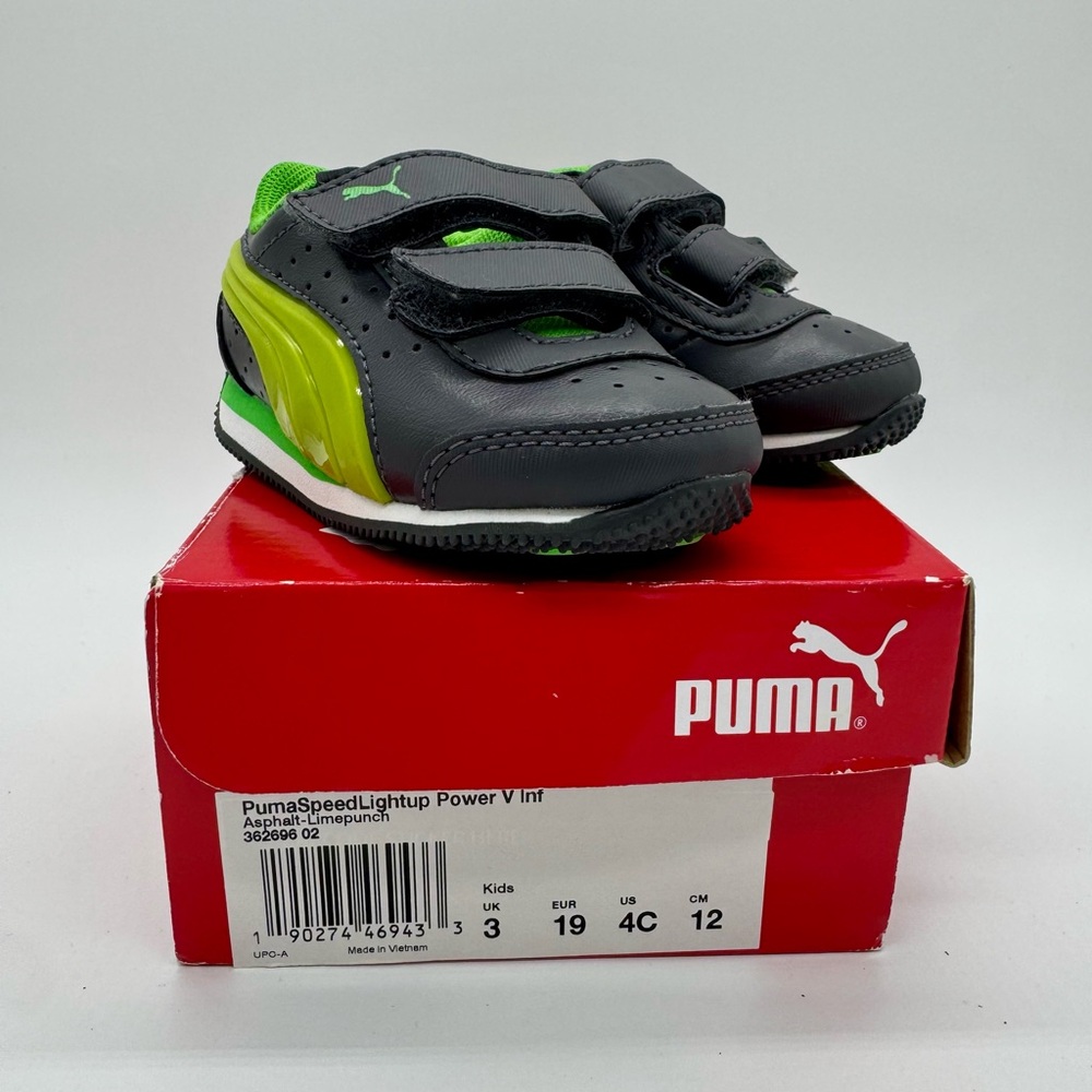 Kids Puma Speed Light Up Power baby Velcro Sneakers Black & Lime punch Sz 4 NEW